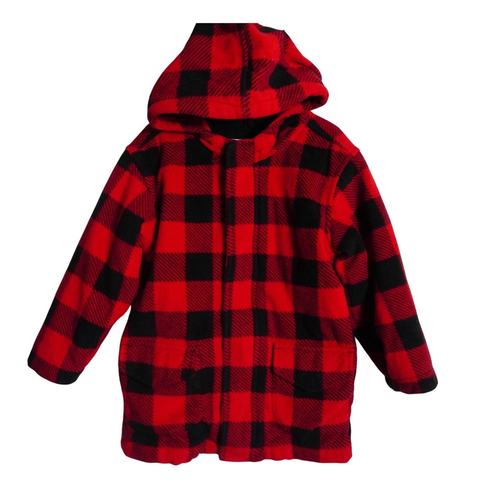 Old Navy Fleece Hooded Jacket 5T Buffalo Plaid Red Black Boys